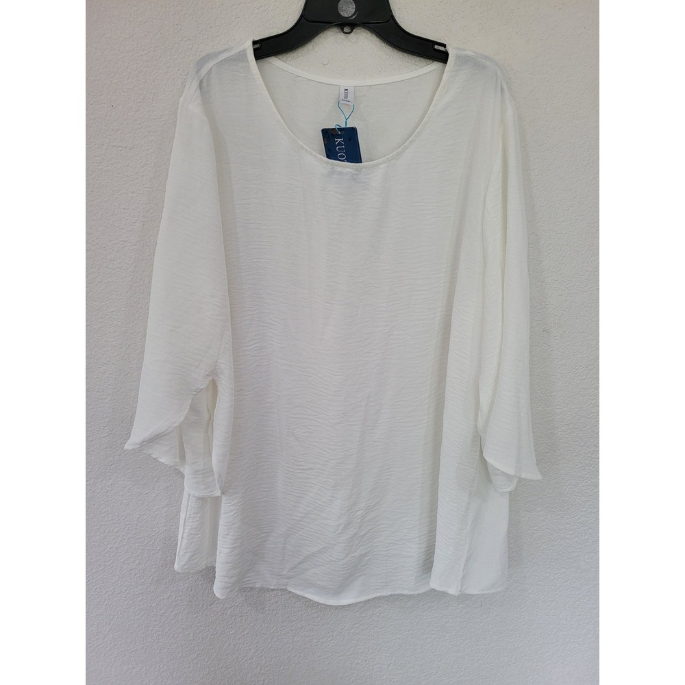 Kuotai Womens White Crepe Blouse 3/4 Bell Sleeve Scoop Neck Box Pleat XL NWT